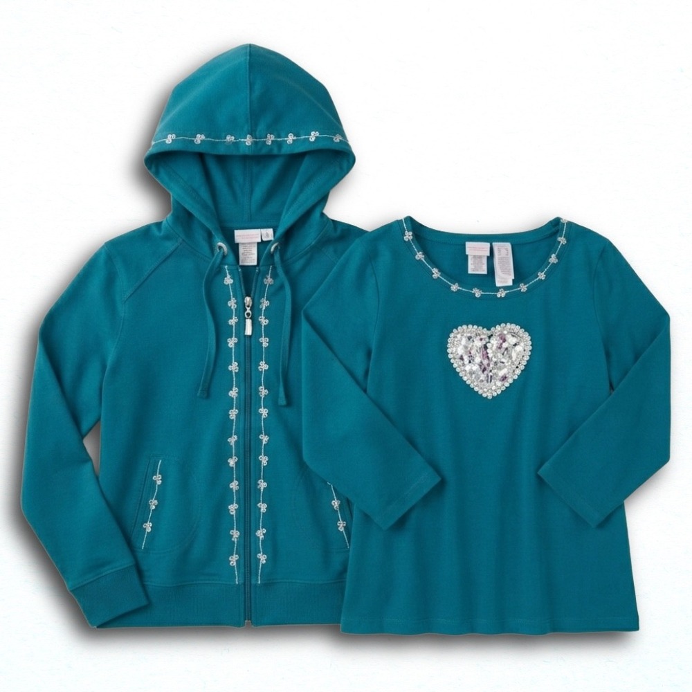 Emma James Petite Teal Zip Hoodie and Sequin Heart Top Set 2PC Blue Large L